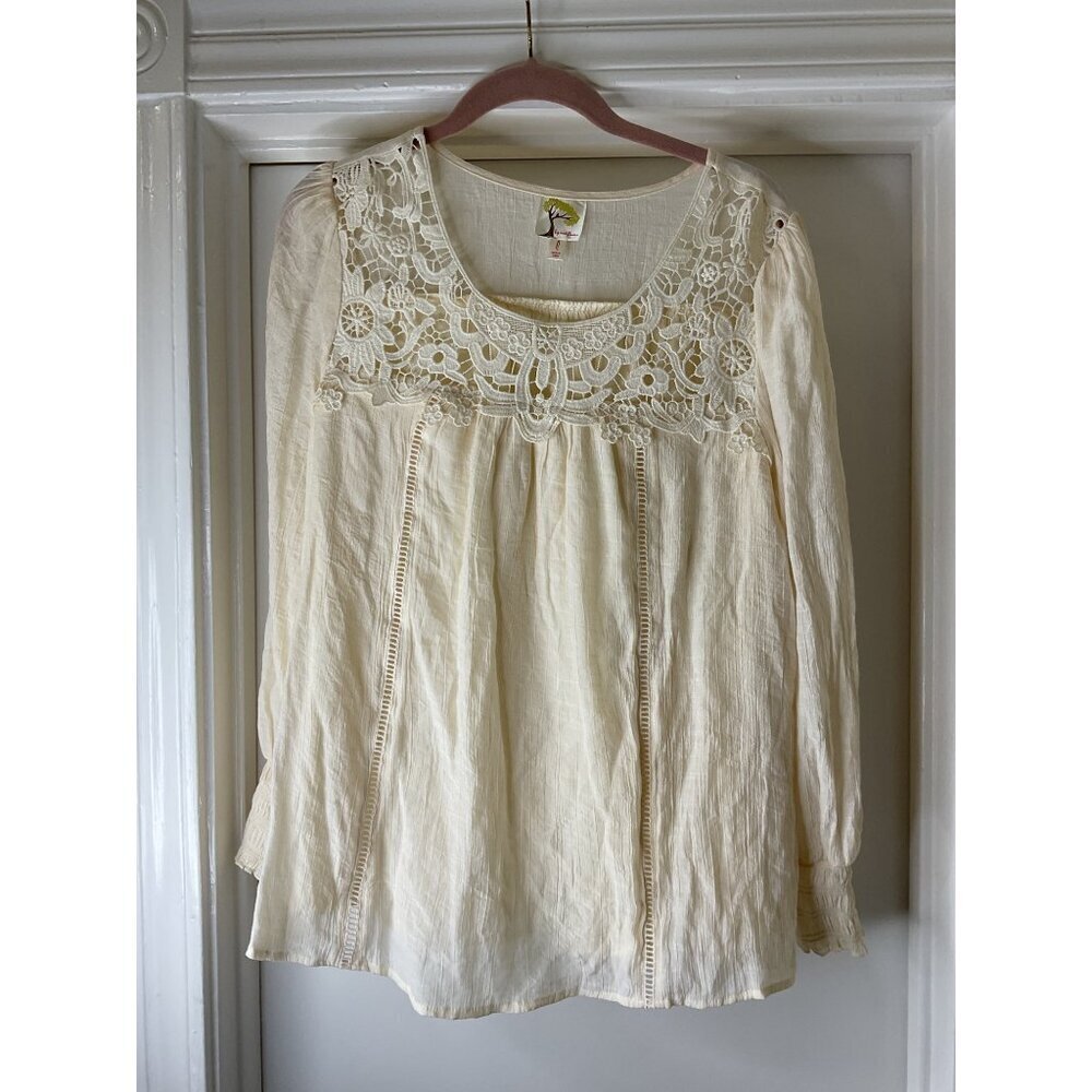 Fig & Flower Lace Sheer Ruched Long Cuffs Flowy Delicate Top L